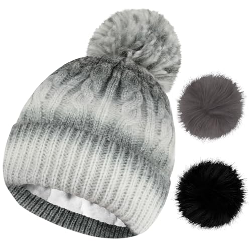 Kids Toddler Winter Beanie Hat with Pom Pom, Girls Warm Fleece Lined Knit Ski Cap for 2-6 Years, 2 Replaceable Pom Poms