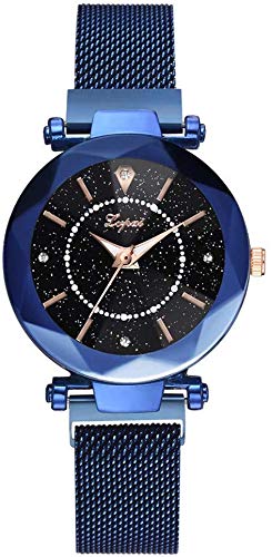 Damenuhr Quarzuhr Sternenhimmel Uhr mit rundem Zifferblatt eingefasst Strass mit magnetischer Schnalle Armband für Elegante Frauen, Blau