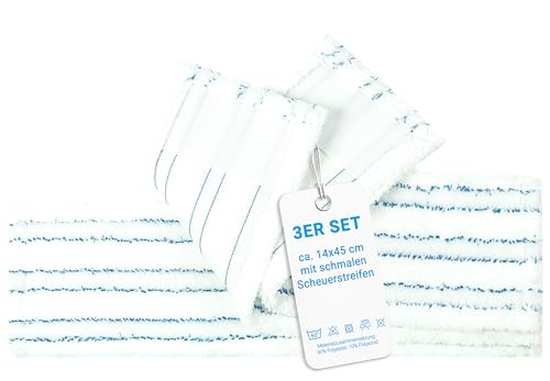 ZOLLNER24 3er Set Wischbezüge in weiß-blau - ca. 14x45 cm - für alle gängigen 40 cm Klapphalter geeignet - Mischgewebe - waschbar bis 60°C