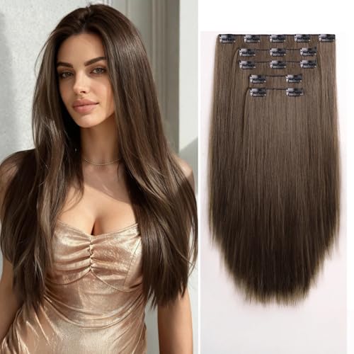 StrRid Dark Brown Clip in Extensions 18 Inch Invisible Long Synthetic Extension 5PCS Straight Fake Soft and Not Easily Knotted Clips on Hair Pieces for Women Grils Weddings Party Daily Use 6.5 Oz