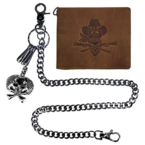 ABC STORY Mens RFID Distressed Genuine Leather Small Thin Biker Chain Wallet Slim Money Clip with Coins Pocket Bifold, Brown Cowboy, One Size Cover
