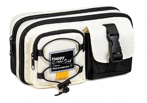 Image of Multi-Compartment Pencil Pouch Large Capacity Pen Case with Zipper & Buckle Pocket, Durable Canvas Stationery Organizer for School Office Travel, Stylish Storage Case (Black Happy Every Day)