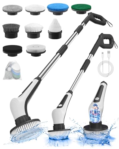 Electric Spin Scrubber, IPX8 Waterproof Cordless Electric Cleaning Brush with 9 Replaceable Brush, 360 Power Scrubber for Cleaning Bathroom Shower Tub Kitchen