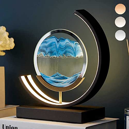 JXING Tableau d'art de Sable en Mouvement avec LED, Tableau de Sable en Mouvement Art de Sable Rond Verre, 3D Deep Sea Sandscape in Motion Display Flowing Sand Painting Frame Desktop Art Bookshelves Cover