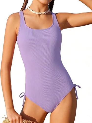 Image of Girls One Piece Swimsuits Ribbed Bathing Suit Teen Girls Adjustable Straps Drawstring Athletic Swimwear Swim Suit