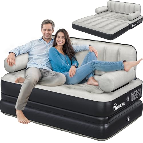 YITAHOME Queen Size Inflatable Sofa Bed with Headboard and Pump, Convertible Blow Up Couch, 2-in-1 Black Air Sofa Bed for Home, Camping, and Guests, Gray