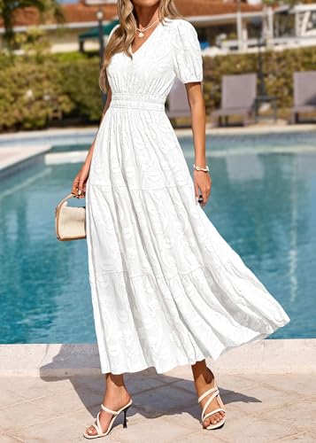 Image of KIRUNDO Summer Dresses for Women 2026 Boho Flowy Casual Short Sleeve V Neck Elastic Waist Floral Long Baby Shower Maxi Dress