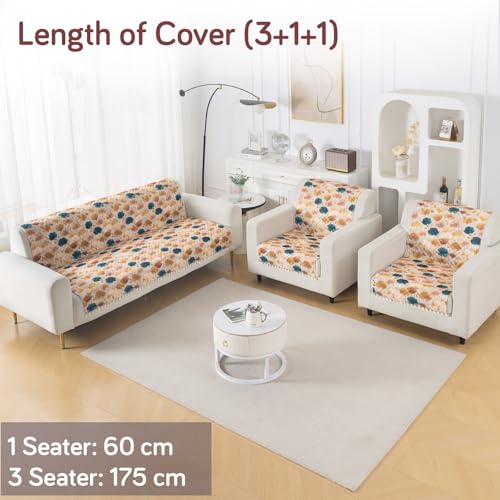 Image of HOKIPO Boho Wildflower Quilted Sofa Cover 5 Seater Set - Washable 3+1+1 Sofa Cover for Seat & Back with Tassel Design | 'Tassel Twigs' Series (IN-991-T11 + IN-989-T11)