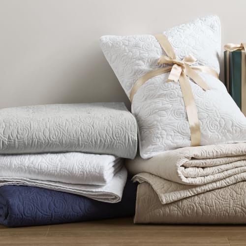 Image of Madison Park Luxurious Cotton Damask Quilt Set, 3PC Full /Queen Bed Set | All Season, Lightweight Stitching Coverlet Bedspread Bedding Stitching with Shams, Grey
