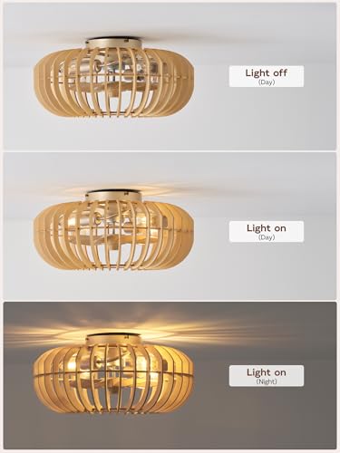 Image of 20 inch Wood Ceiling Fans with Lights Flush Mount, Caged Boho Ceiling Fan with Light Remote Control, Wooden Low Profile for Bedroom, Living Room, Nursery
