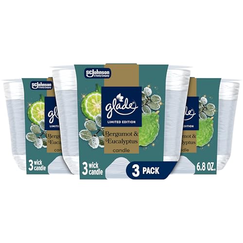 Glade 3-Wick Scented Candle Jar, Bergamot & Eucalyptus, Air Freshener Infused with Essential Oils, 6.8 Oz, 3 Count