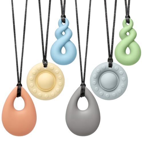 CLDY Collar sensorial masticable para autismo y TDAH, paquete de 6 juguetes masticables de silicona de grado alimenticio para niños, mordedor motor oral sin BPA para niños y niñas