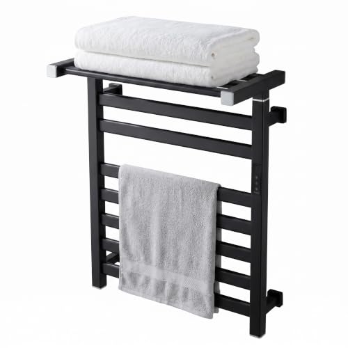 Heated Towel Rack Wall Mounted,Electric Towel Warmer for Bathroom | 13″ Extra Deep Heated Shelf, Fast Heating Towel Heater Rack with 1-24H Timer & 99°F-150°F Control, Plug-In/Hardwired, Black