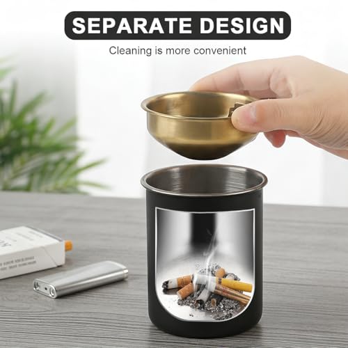 Image of HASTHIP Stainless Steel Ashtray, Windproof Ashtray with Funnel Lid, Car Ash Tray Table Ash Tray for Home Office, Black