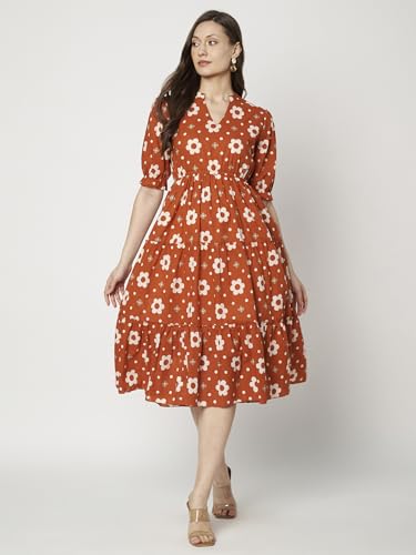 Image of Women's Floral Summer Maxi Dress I Cotton Printed I One Piece Bodycon Midi Dress with V-Neck, Puffed Sleeves