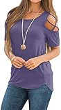 NILOUFO Womens Summer T Shirts Short Sleeve Tunic Strappy Cold Shoulder Tops(02-Purple Grey, Medium)