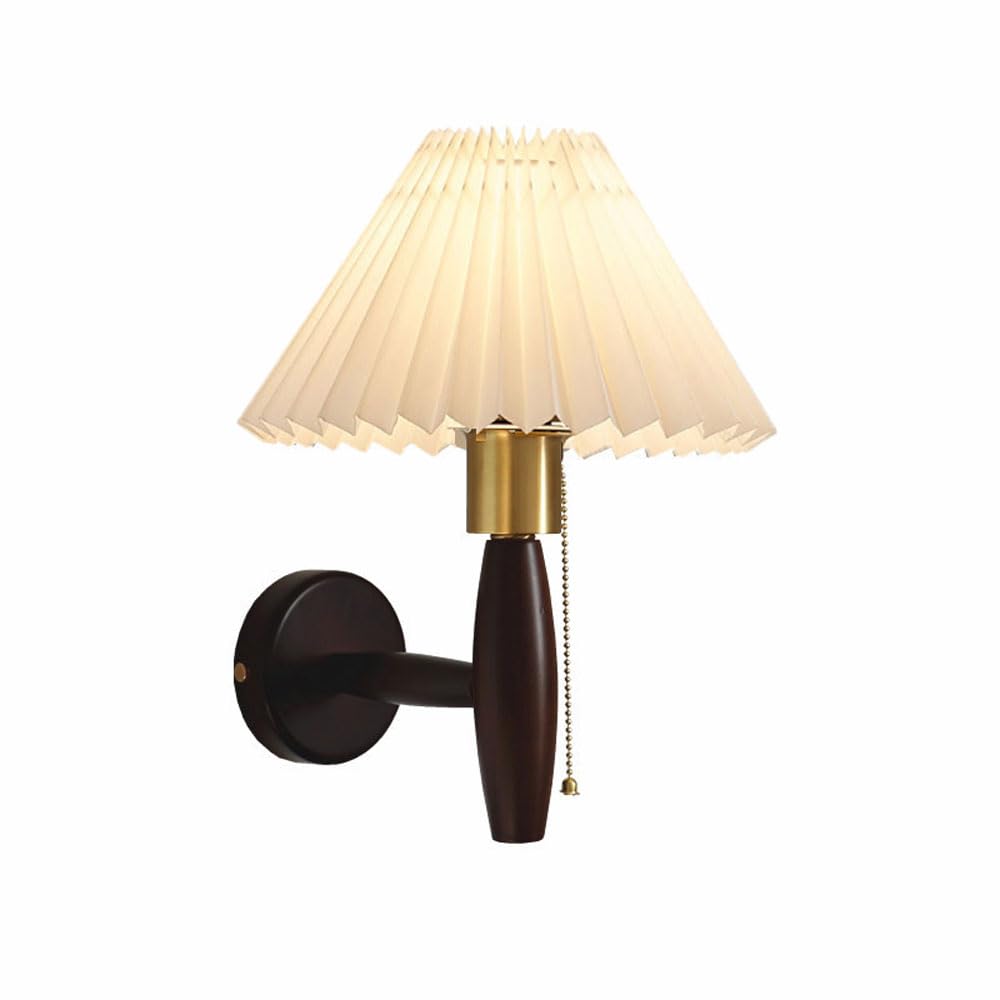 SXSCARKX Modern Wall Light For Bedroom Mid Century Vintage Lighting Fixture Bedside With Pull Switch Walnut Sconce White Pleated Plastics Shade Mounted Lamp Hallways