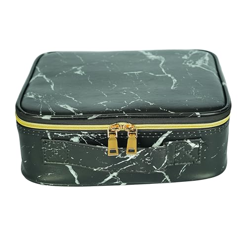 Image of Travel-Friendly Cosmetic Makeup Organizer Bag with Adjustable Compartments - Professional Toiletry Vanity Kit | Makeup Kit Storage Box | Cosmetic Bag | Makeup Brush Organizer (Black Marble)