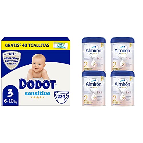 Dodot Pañales Bebé Sensitive Talla 3 (6-10 kg), 224 Pañales y 1 Pack de 40 Toallitas Aqua Plastic Free + Almirón Profutura 2 Leche de Continuación en Polvo, desde los 6 Meses, 4 x 800 g