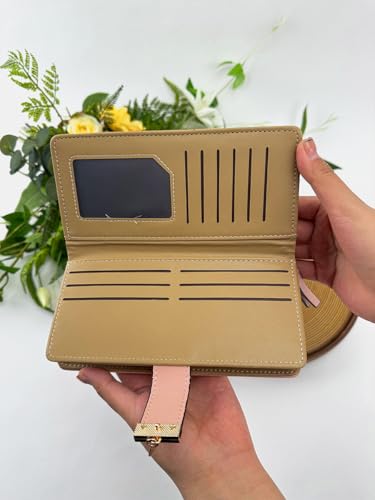 Women's Leather Wallet Credit Card Holder Purse Leaf Bifold Long Wallet Elegant Purse Buckle Zipper Clutch, Pink4