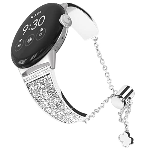 YOFUNTLE Compatible for Google Pixel Watch Bands,Women No Gap Jewelry Rhinestone Diamond Metal Bangle Stylish Bling Bracelet Adjustable Replacement Strap Wristband for Google Pixel Watch (Silver)