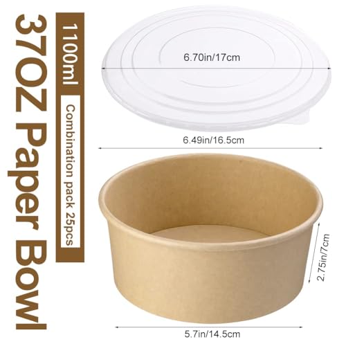 Image of 37 Oz 25 Pcs Disposable Meal Prep Containers with Lids, Paper Bowls | 1100 ML Disposable Salad Bowls with Lids, Round Kraft Food Containers for Salad, Ice Cream, Yogurt