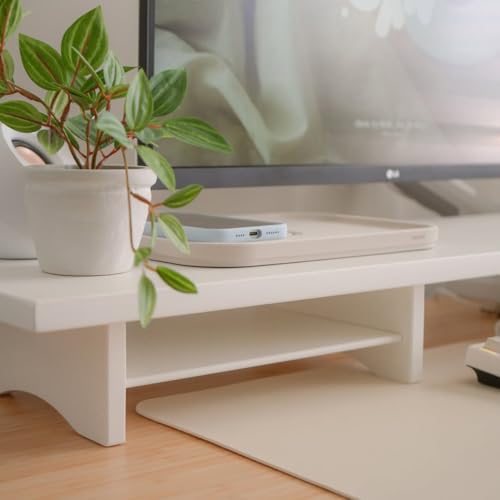 Image of Bamboo Dual Monitor Stand Riser White, 2-Tier Desk Monitor Riser for 2 Monitors, Supports for PC Computer Monitor, Printer, Heavy TV Riser up to 300 lbs, White