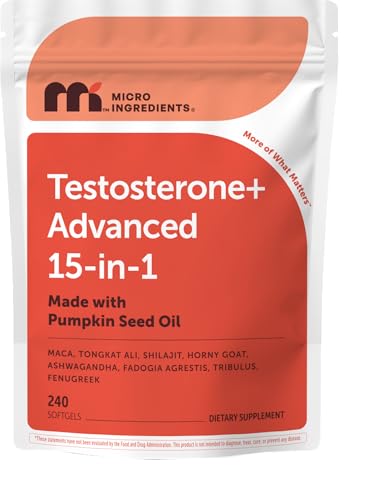 Micro Ingredients Testosterone+ Advanced for Men & Women 240 Softgels | 15-in-1 Complex with Tongkat Ali Horny Goat Weed Shilajit Maca & Saw Palmetto | Non-GMO