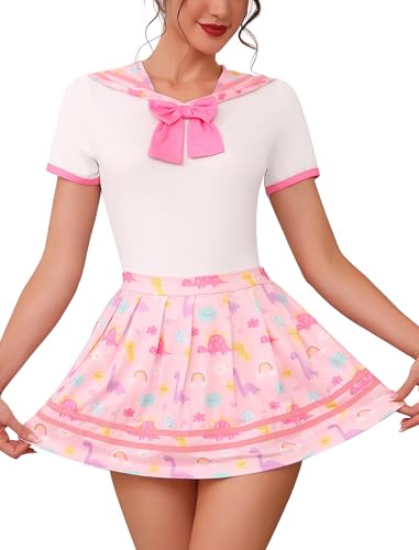 ABAFIP Women's Cute Romper Pajamas Bodysuit Pleated Skirt Short Sleeve Sailor Collar Pajama Nightdress Nightwear set Light Pink Medium