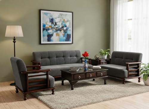 Image of DaneWood Wooden 6 Seater Sofa Set - 3+2+1, for Living Room, Drawing Room, Office & Lounge | Solid Sheesham Wood, Fabric (Brown)