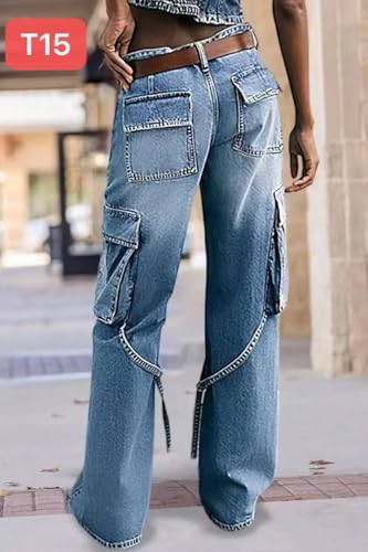 Women's Distressed Cargo Jeans with Multiple Pockets Denim Pants(Belt Not Include)4