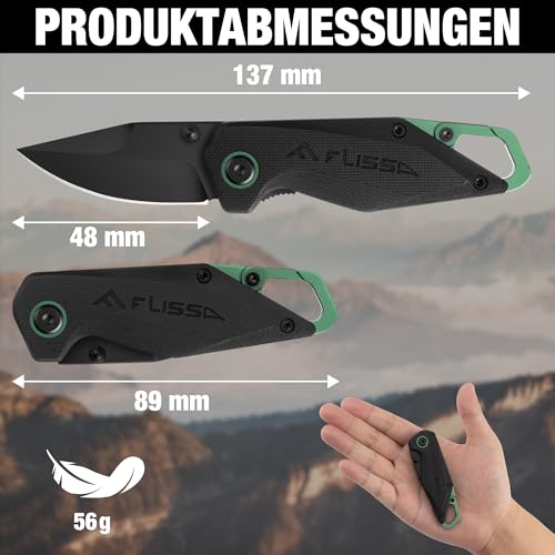 FLISSA Taschenmesser klein, Klappmesser 14C28N Edelstahl, Scharfes EDC Messer mit G10 Griff & Karabiner, Leicht & Tragbar, Schlüsselanhänger Messer für Alltag, Camping, Geschenk