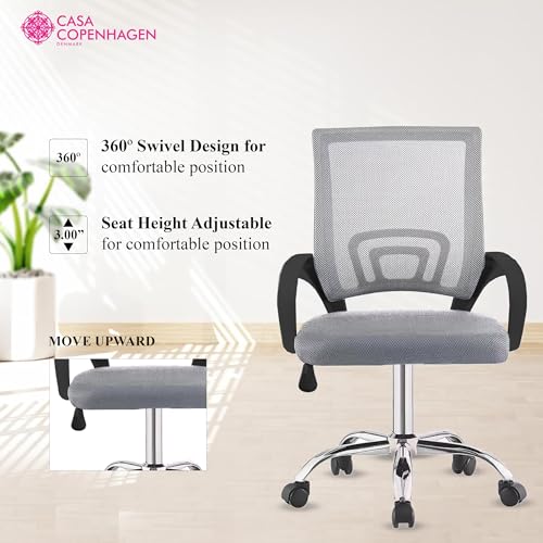 Image of Casa Copenhagen Mesh Mid Back Office /Study /Computer /Revolving /Desk Chair for Work from Home -Metal Base, Height Adjustable Seat - Milange Grey & Black Handle
