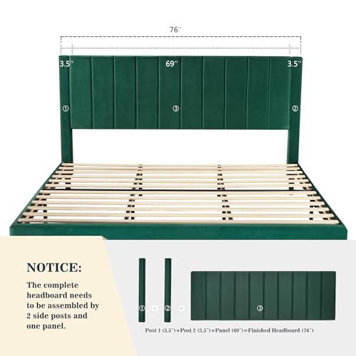 Image of Allewie King Bed Frame /Velvet Upholstered Bed Frame with Vertical Channel Tufted Headboard /Strong Wooden Slats /Platform Bed Frame /Mattress Foundation /Box Spring Optional /Easy Assembly /Green