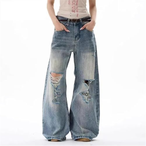 Men's American Style Distressed Jeans, Holes Design, Casual Loose Wide Leg Denim Trousers2