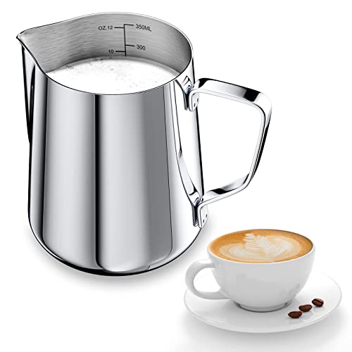 Newaner 350ml Pot à Lait 304 Inox pour Mousser Lait,avec Marque Mesure 12oz | Tasse a Cafe, pour Cappuccino, Expresso, Latte Art, Parfait pour Les Amateurs de Café