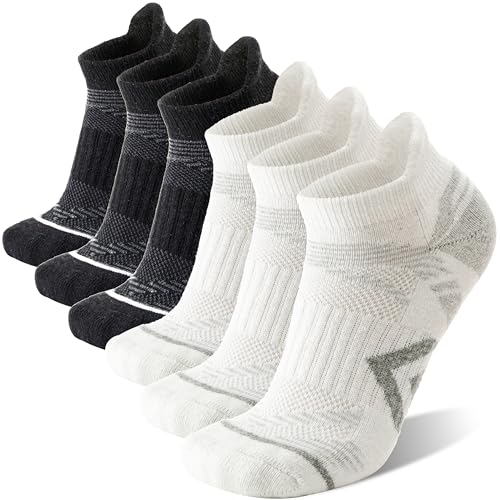 ANTSANG Merino Wool Ankle Hiking Socks Compression Warm Thermal Thick Cushion Winter Running No Show Moisture Wicking Socks Gifts Stocking Stuffers for Women Men 6 Pairs(Black White,M)