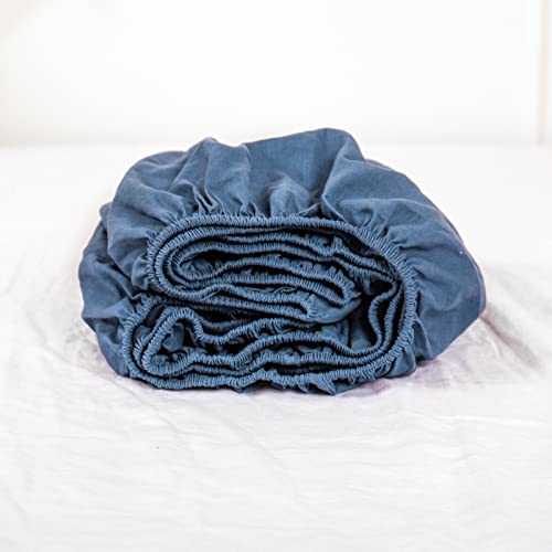 Simple&Opulence Linen Fitted Sheet (1 Piece) - 14 Inch Deep Pocket Mattress Cover Natural Flax Cotton Blended Soft Breathable Bedding - Classic Blue, Full Size #TOP20