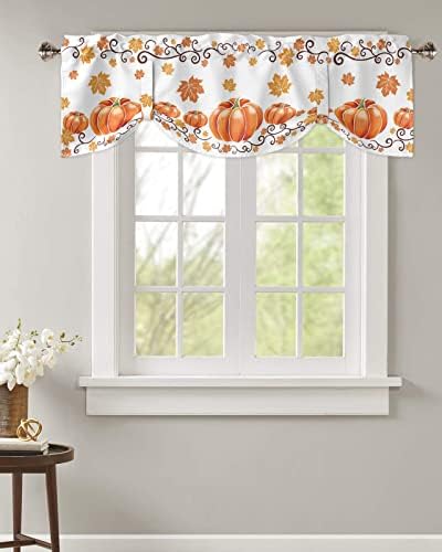 Fantasy Staring Autumn Thanksgiving Tie Up Valance Curtains for Kitchen Cafe Living Room Bedroom, Pumpkin Maple Leaf Fall Window Treatment Valances Rod Pocket Small Curtains 1 Panel, 60″ x 18″