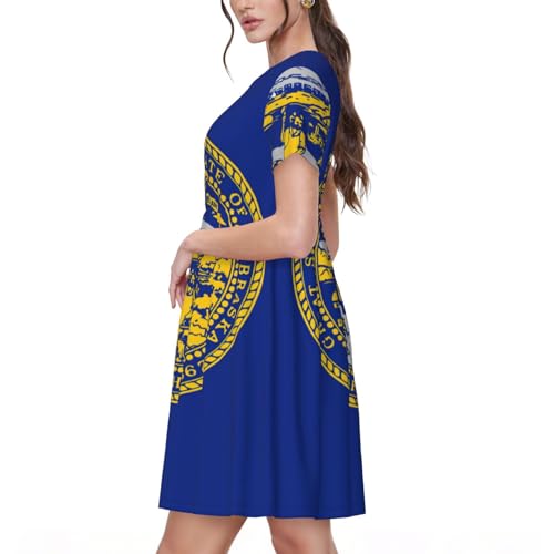 Robe d'été mi-longue motif drapeau du Nebraska coupe fluide