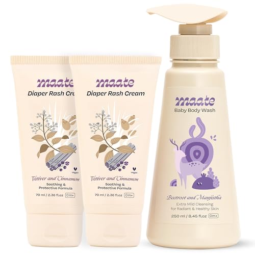 Image of Maate Baby Body Wash 250 ml & Diaper Rash Cream 70 ml (Pack of 2) | Natural Care with Beetroot, Aloe Vera & Avocado Oils | Tear-Free, Soothing, pH Balanced for Sensitive Skin | Babies & Kids 0m+