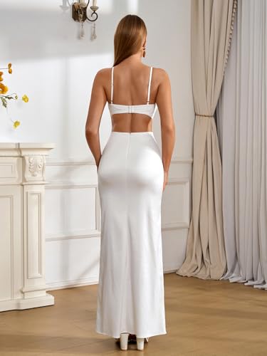 EYNMIN Women's Satin Spaghetti Strap Maxi Dress Lace Cowl Neck Backless Bodycon Long Cocktail Wedding Guest Dresses3