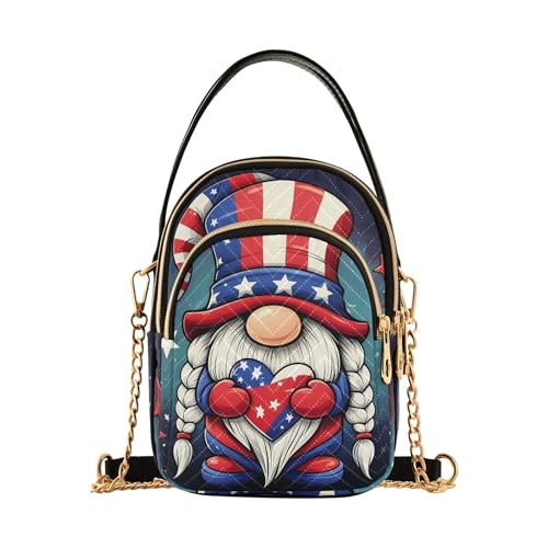 Women Shoulder Handbag Cute Print Phone Handbag Small Chain Purse Quilted Zipper Lady Bowler Satchel Cute Gnome American Flag