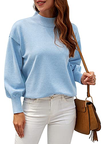 Image of WEACZZY Women's Sweater Mock Neck Long Lantern Sleeve Lightweight Knit Tops