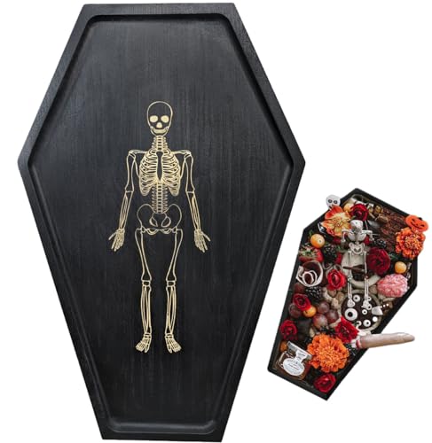 15.7 Solid Wood Coffin Charcuterie Boards with Skeleton Engraving Halloween Serving Dish Tray Gothic Cheese Board for Food Fruits Snack Goth Kitchen Accessories