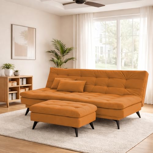 Image of Krancy Solid Wood 3 Seater Sofa Cum Bed with Ottomon | Convertible Wooden Couch for Living Room, Home & Office | Modern Designer Furniture | 1 Year Warranty | Orange Color