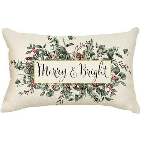 AOKE Christmas Merry & Bright Eucalyptus Mistletoe Throw Pillow Cover, 12 x 20 Inch Winter Holiday Decorative Lumbar Pillow Cover Rectangle Cushion Case for Sofa Cover
