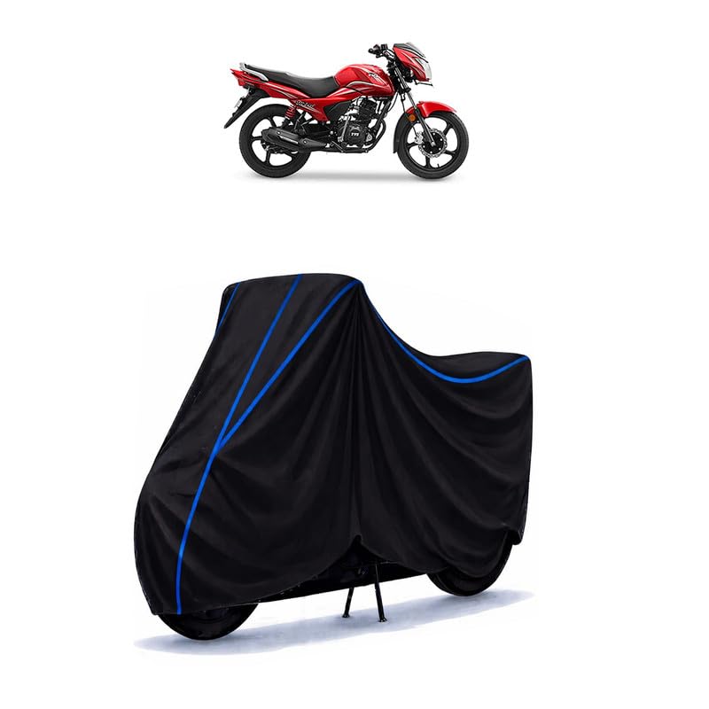 Image of TVS Victor Drum SBT BS4 Bike Cover Water Resistant Universal Motorcycle Rain | Heavy Duty UV Protection, Dust, Scratch Indoor Outdoor All Weather with Black Blue Piping Elastic