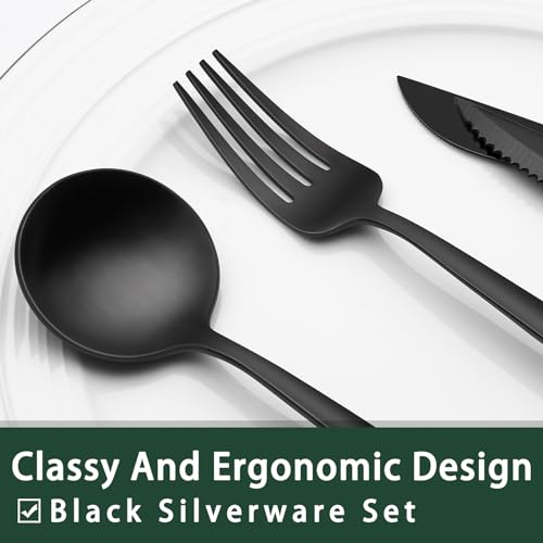 Image of EWFEN 24-Piece Black Silverware Set with Steak Knives, Black Flatware Set for 4, Food-Grade Stainless Steel Tableware Cutlery Set, Mirror Finished Utensil Sets for Home Restaurant, Long Edge