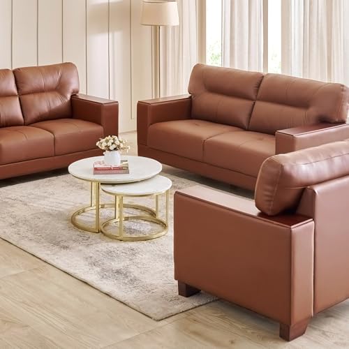 Image of Home Centre | Walter Half Leather 3+2+1 Seater Sofa Set | Sofa for Living Room | Solid Wood | Tan | 1 Year Warranty